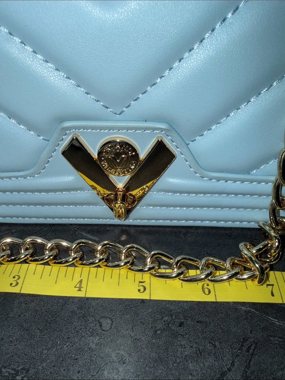 Valentino Orlandi Quilted Light Blue Crossbody with Gold V Lock